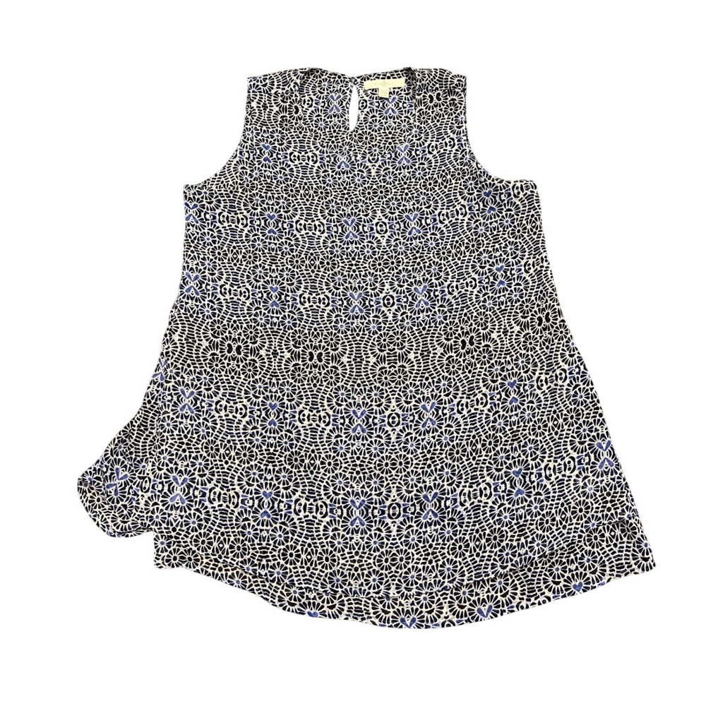 Fever Sleeveless Shell Top Womens Large Blue Geometric Medallion Sharkbite Hem